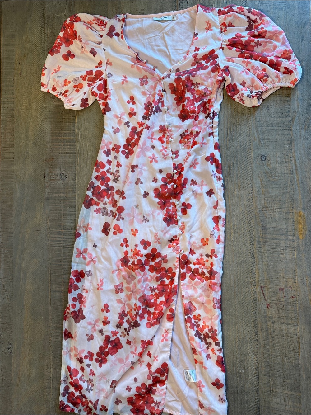Floral V-Neck Puff-Sleeve Midi Dress in Red - Picture 1 of 7